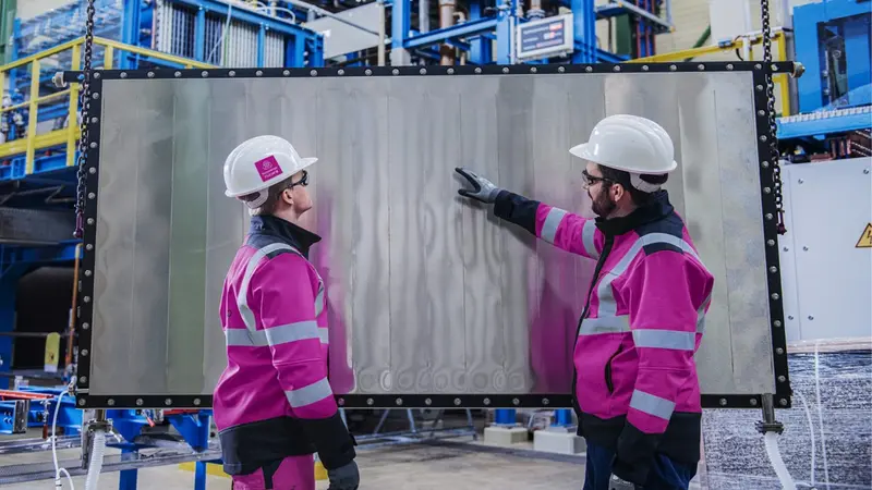 thyssenkrupp nucera employees look at electrolysis cell